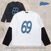 notsexx「69立体牛仔图案」直喷纯棉短宽boxy短袖 长袖 t恤假两件男