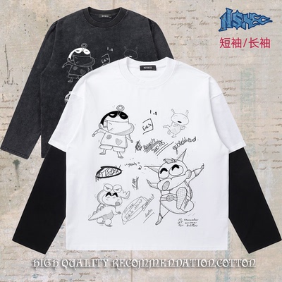 notsexx「马克笔手绘小新款」数码直喷短宽boxy长袖t恤男假两件