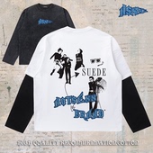 notsexx「立体牛仔LOGO」乐队数码 直喷短宽boxy长袖 t恤男假两件