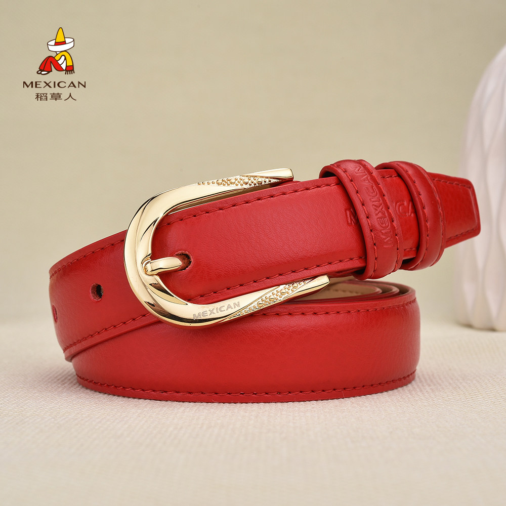 稻草人女士红色皮带本命年结婚腰带新年礼物休闲百搭裤带礼盒包装