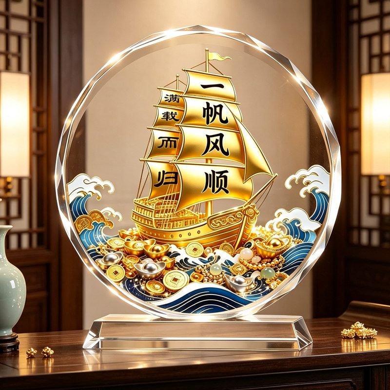 一帆风顺帆船水晶摆件客厅玄关电视柜装饰办公室摆台乔迁开业礼物