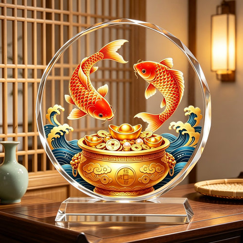 年年百财有余水晶摆件招财双红锦鲤客厅玄关电视柜装饰品桌面乔迁
