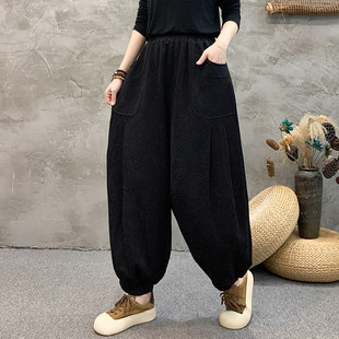 女裤春秋新款哈伦裤中年女士松紧腰提花棉麻灯笼裤宽松休闲萝卜裤