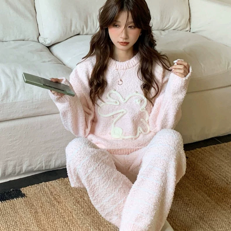 SweetSpace 兔兔棉花糖 半边绒睡衣冬保暖可爱甜美珍珠兔子家居服