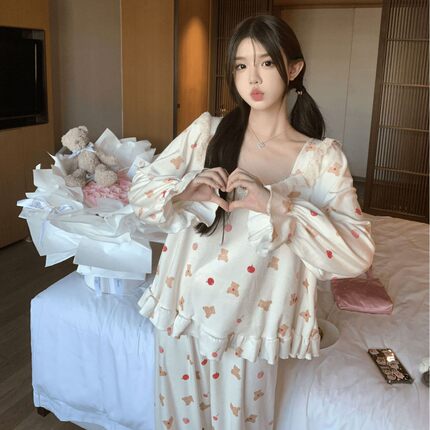 SweetSpace 小熊曲奇 秋冬可爱娃娃领睡衣双面绒长袖长裤甜美韩系