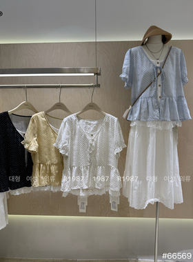 R1987 66569大码法式甜美风V领假两件波点短袖衬衫女系带上衣显瘦