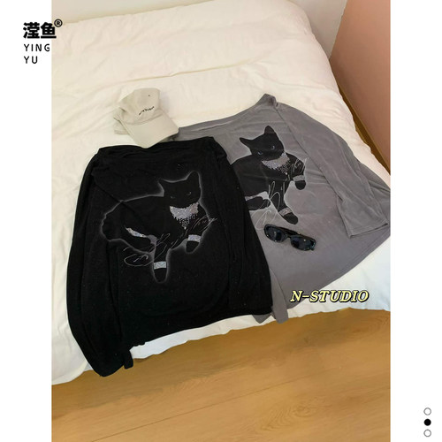 NW4521大码猫咪烫钻长袖T恤女
