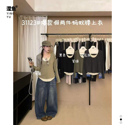 大731123大码韩系假两件T恤女秋