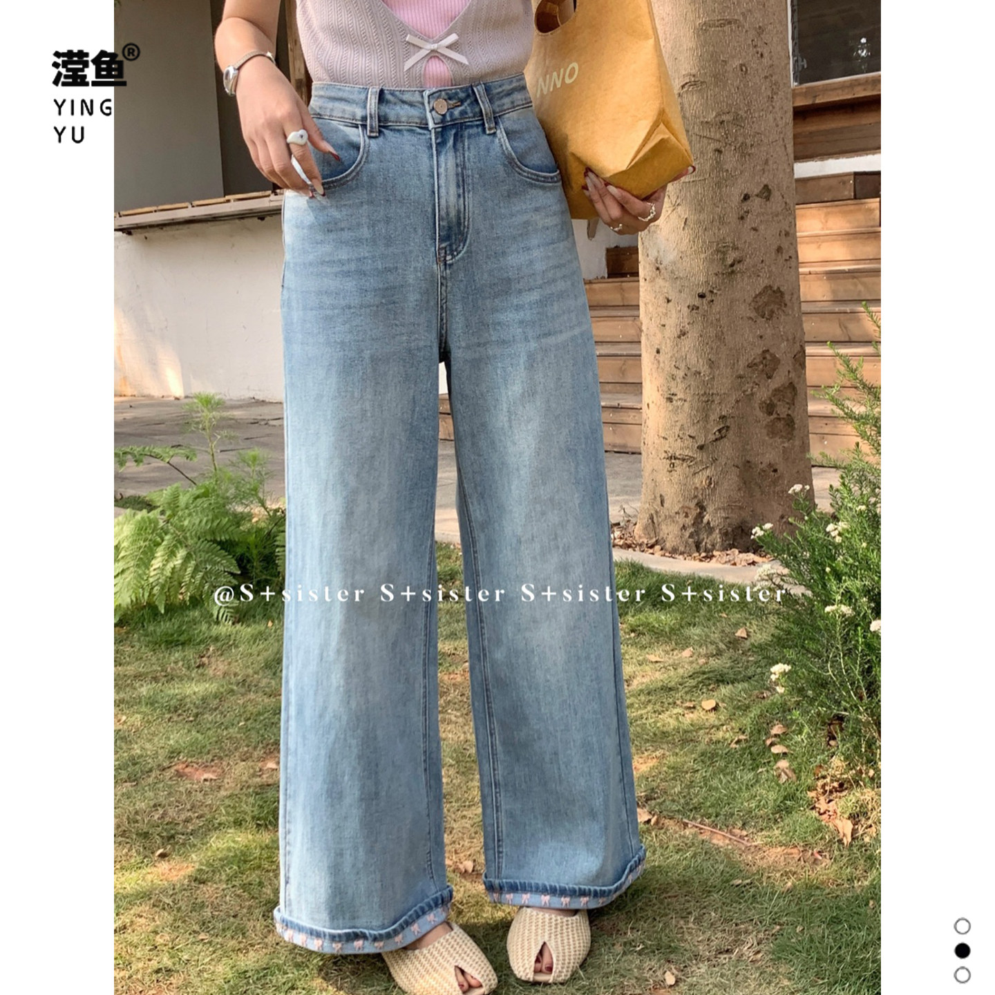 S+ 18721大码春季女蓝色高腰直筒牛仔裤女胖mm显瘦洋气百搭长裤