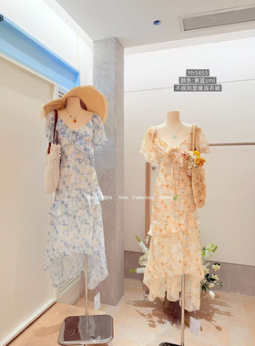 油菜 YH5455大码碎花连衣裙女夏V领短袖不规则显瘦中长款气质裙