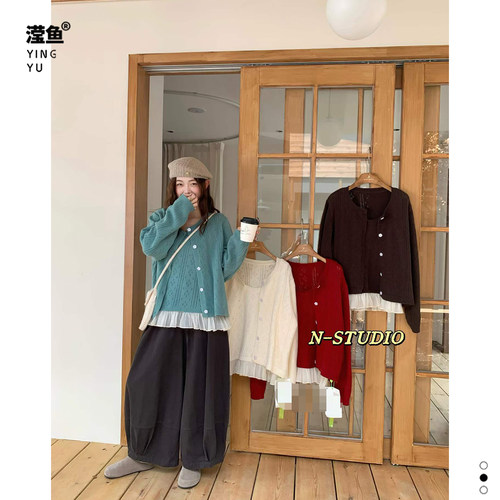 NM771大码针织开衫背心套装女