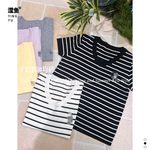 FAFAF1280大码条纹女短袖V领