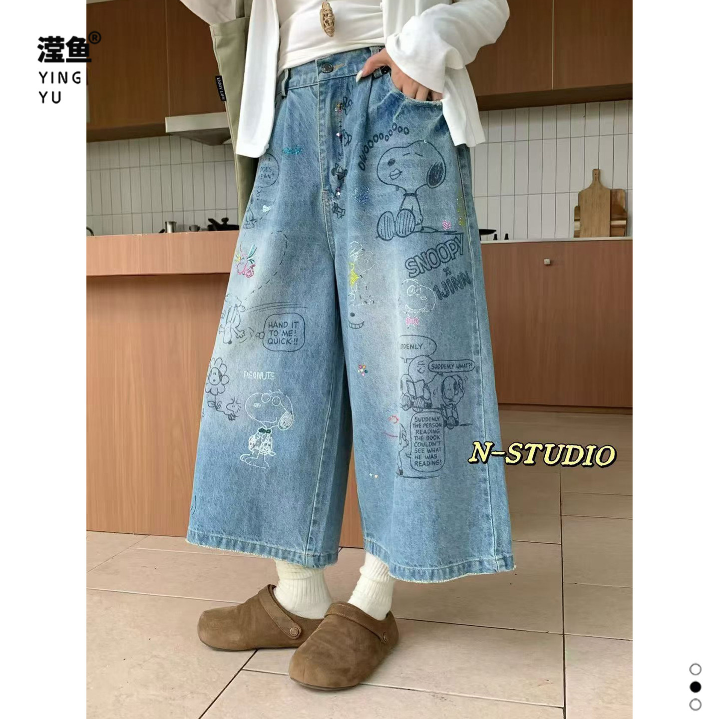 N W4528大码复古卡通印花牛仔阔腿裤女宽松高腰休闲百搭涂鸦裤