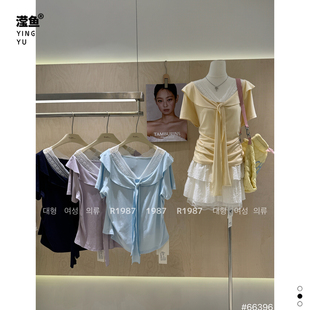 1987 66396大码法式V领蝴蝶结系带假两件短袖T恤女夏洋气显瘦上衣