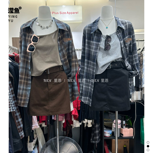 里恩38212大码格子衬衫三件套