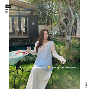 通勤休闲蓝色中长款 油菜 上衣女夏季 假两件套头长袖 YC61074大码