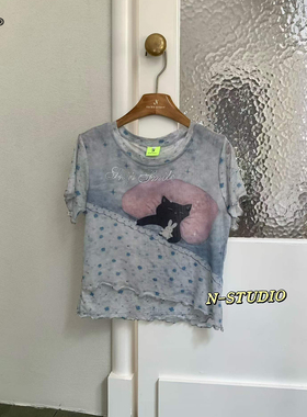 N W4449大码卡通印花网纱短袖T恤女夏季宽松时尚圆领浅蓝色上衣
