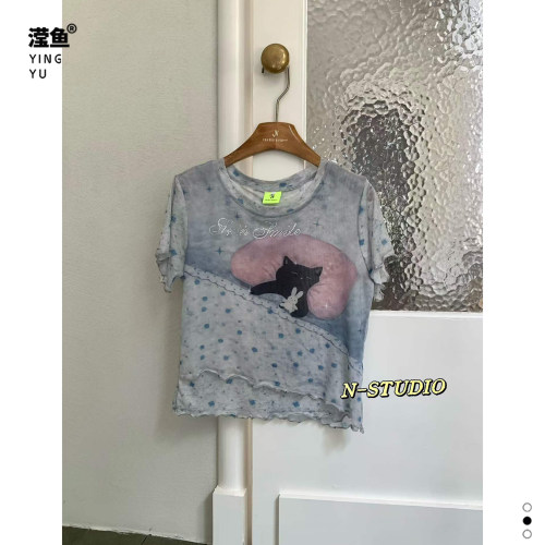 NW4449大码印花网纱短袖T恤女