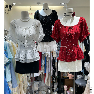 R1987 38061-1大码法式泡泡袖方领圆点上衣女夏季荷叶边显瘦遮肚