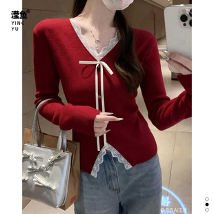 修身 佐纳 女长袖 温柔风V领蝴蝶结蕾丝拼接针织衫 上衣打底 5523大码