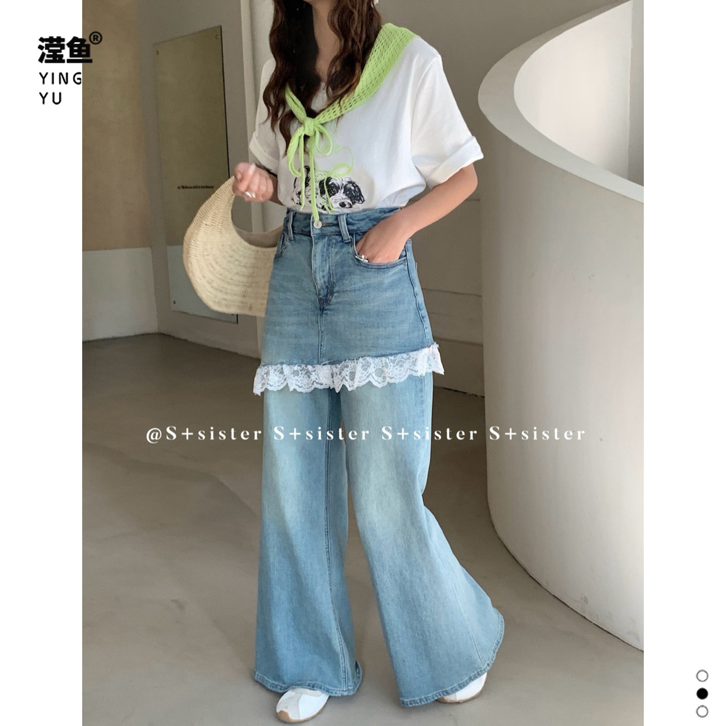 S+ 18795大码蕾丝拼接牛仔阔腿裤女春夏高腰宽松休闲裤蓝色长裤