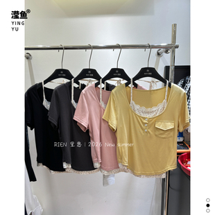 R1987 38016大码蕾丝拼接假两件短袖T恤夏季修身显瘦甜美上衣内搭