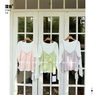 少女感马卡龙色 甜美假两件针织吊带上衣女打底衫 油菜 YC3539大码