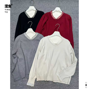 女宽松显瘦百搭长袖 秋冬V领蕾丝边针织衫 通勤上衣 871大码 麦希