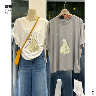 沐熙 休闲慵懒风印花T恤女短袖 圆领宽松韩版 上衣松弛感 9035大码