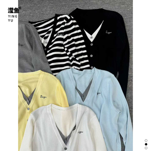 麦希 假两件撞色V领针织开衫 女显瘦洋气百搭长袖 上衣 1013大码