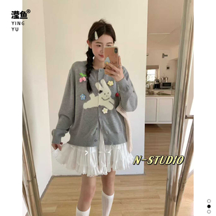可爱风卡通兔子针织开衫 M632大码 新款 百搭显瘦毛衣外套 女长袖