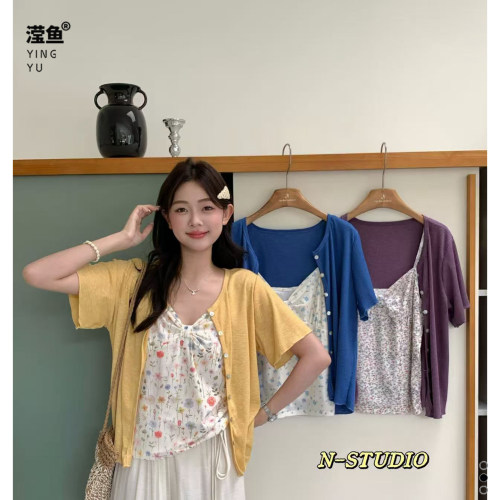 NF5864大码开衫碎花吊带套装