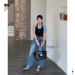 YY 8628大码春季新款复古高腰牛仔直筒裤女宽松显瘦弹力九分裤
