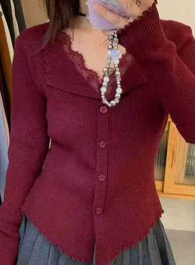 佐纳 5387大码温柔风木耳边V领针织开衫女蕾丝拼接毛衣外套毛衣