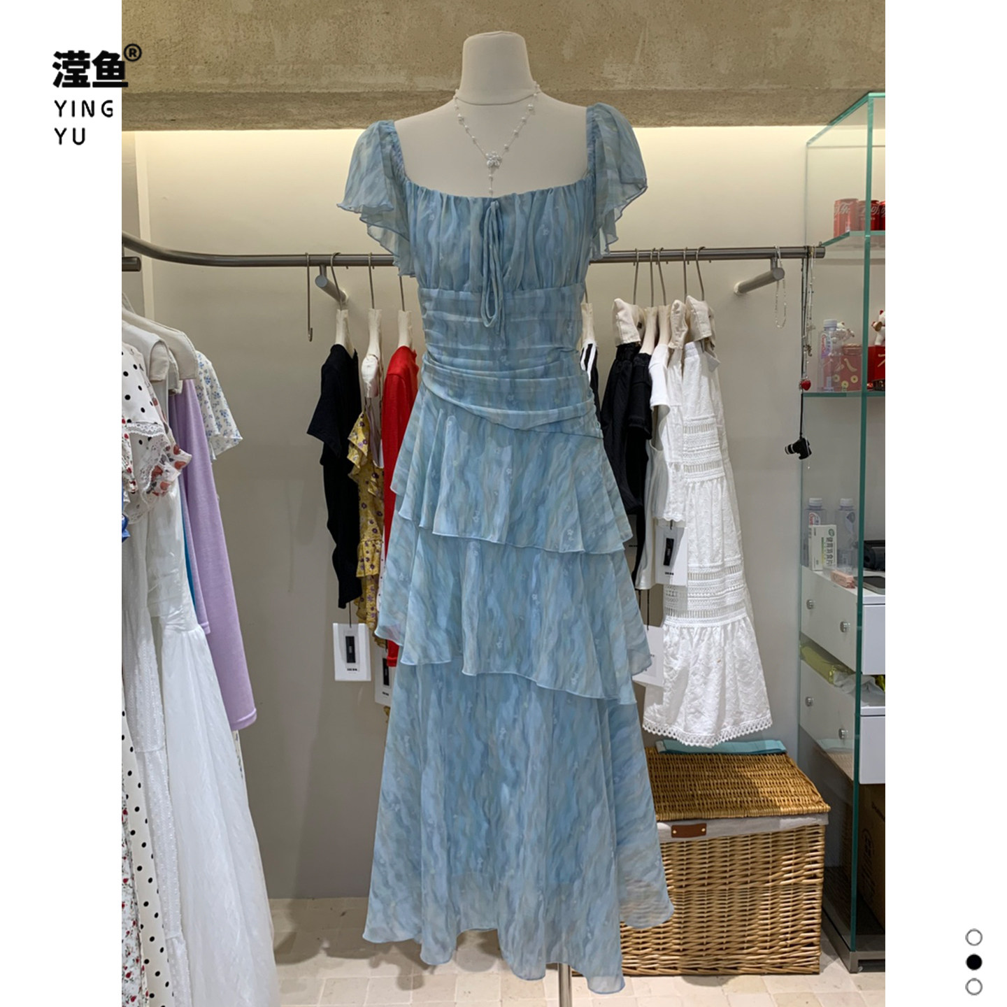 素希 L2660大码法式温柔方领连衣裙女夏中长款荷叶边蛋糕裙气质