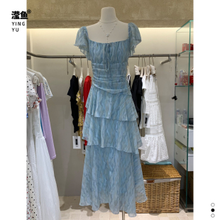 素希 L2660大码法式温柔方领连衣裙女夏中长款荷叶边蛋糕裙气质