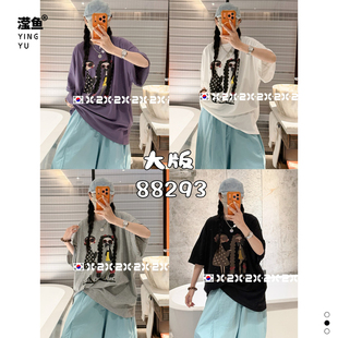 X2 88293大码日系圆领卡通印花短袖T恤女宽松休闲上衣夏季时尚