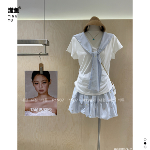 R1987 68850-2大码海军风条纹披肩短袖套装女夏减龄花苞裙套装