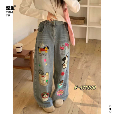 NW3938大码刺绣阔腿牛仔裤女