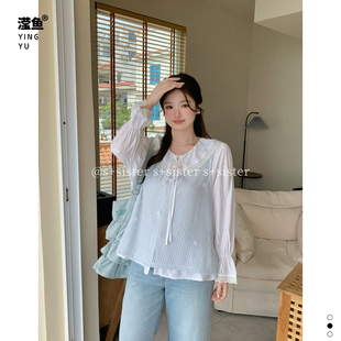 上衣女百搭木耳边系带设计感衬衫 甜美风拼接长袖 法式 18867大码
