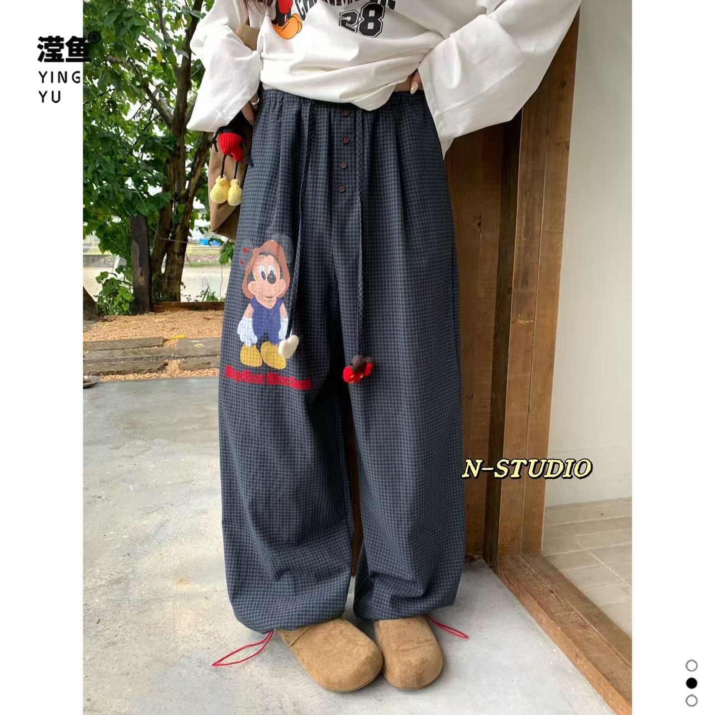 N  F6049大码米奇卡通格子松紧腰阔腿裤女秋季洋气高腰宽松休闲裤