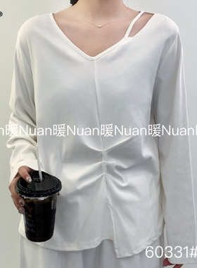 暖 60331大码洋气v领长袖秋冬T恤女时尚百搭洋气减龄显瘦遮肉上衣