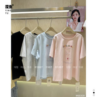 R1987 66309大码韩版小狗印花短袖T恤女夏季学院风减龄休闲上衣