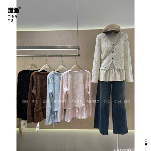 198769129大码假两件波点上衣