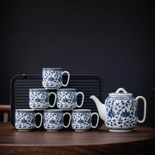 陶瓷青花瓷密胺盘大容量大茶壶