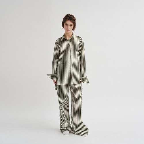 VERSELET短诗新款精梳纯棉色织条纹衬衫长裤短裤套装家居服女