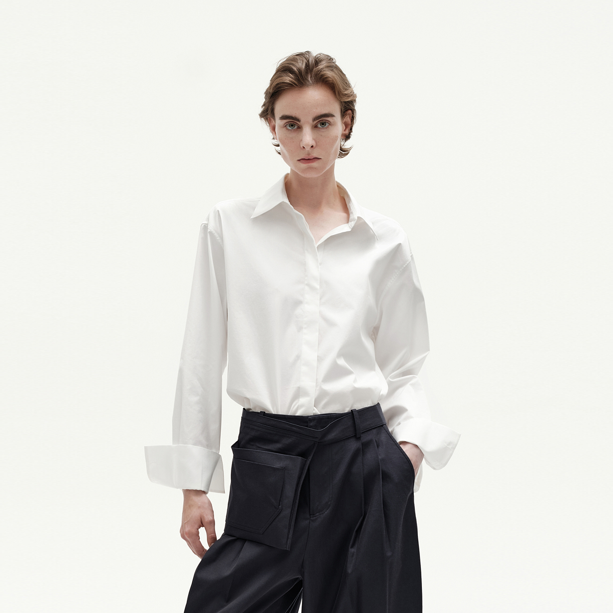 VERSELET白色纯棉府绸修身衬衫