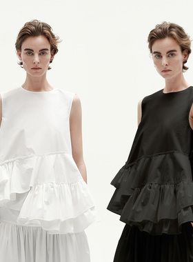 VERSELET短诗白色花苞有机棉无袖上衣白色黑色背心荷叶边原创设计
