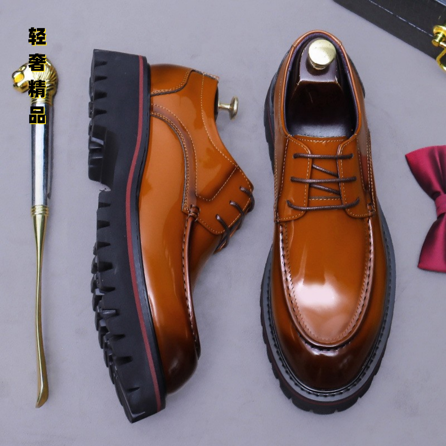 厚底皮鞋男圆头亮皮商务休闲鞋