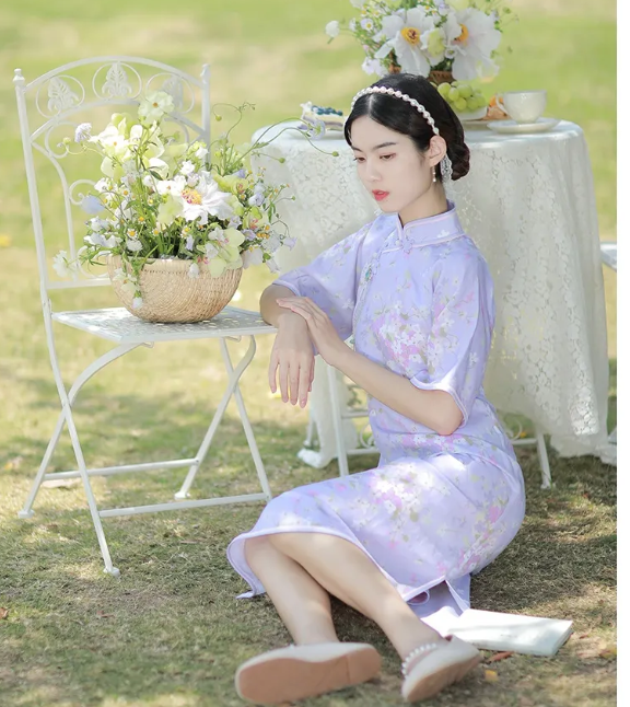 倾若文艺复古民国风纯仿亚麻连袖